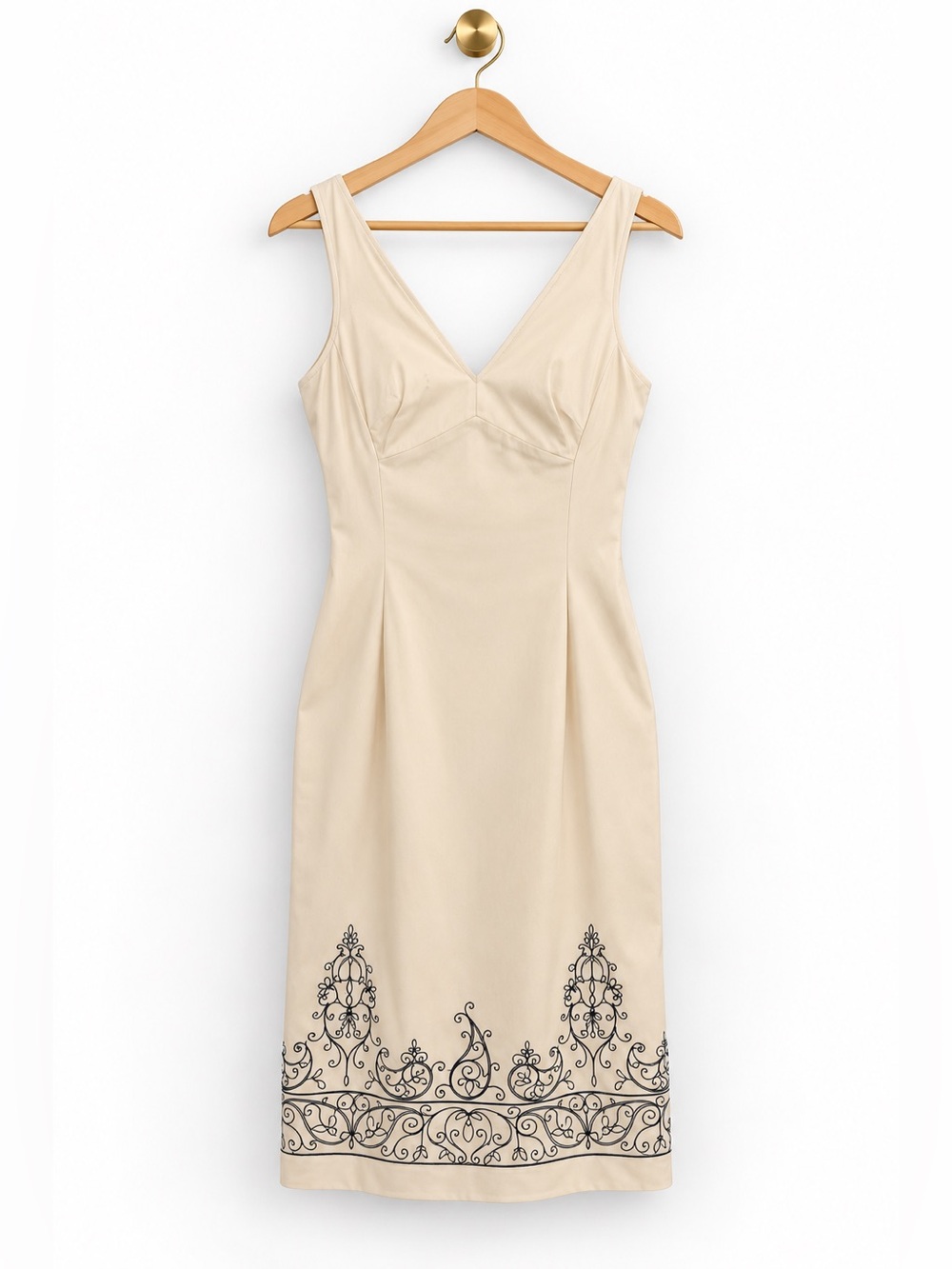 Vintage Express Cream Black Embroidered Sheath Dress Sleeveless S/M 90s Y2K